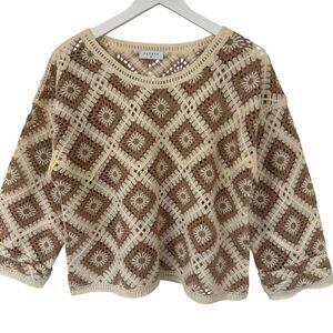 Papaya Crochet Top Oversized Boxy Sheer Granny Square Cream Hippie Mod Medium